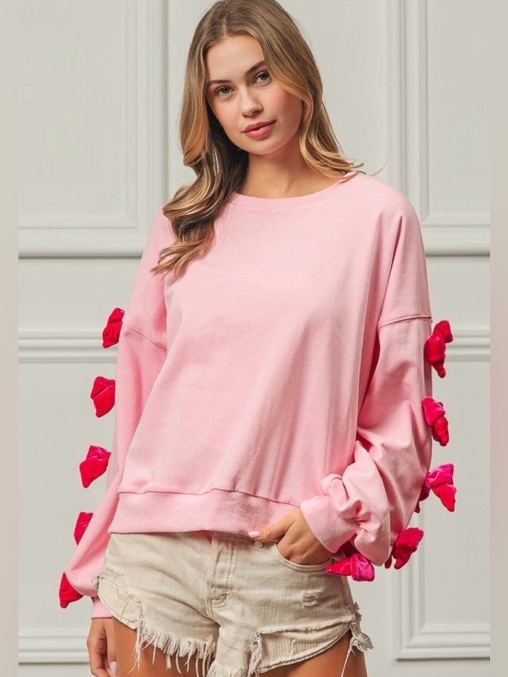 BiBi Pink Sweatshirt with Hot Pink Sleeve Bows